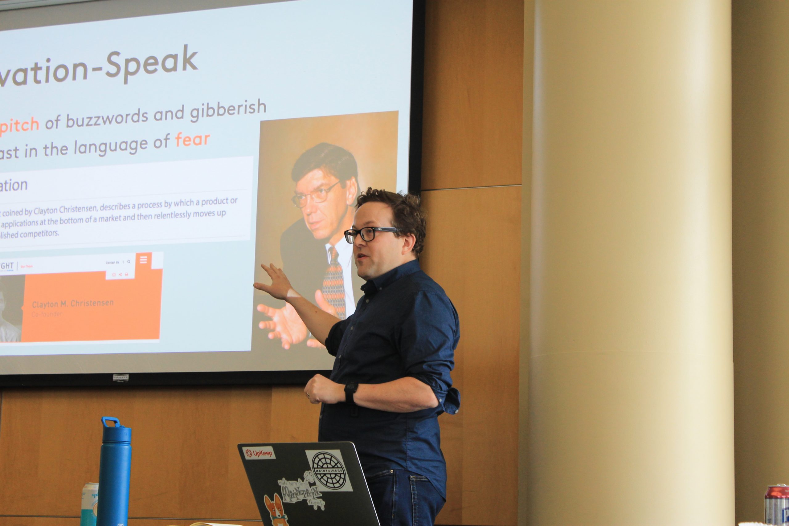 Lee Vinsel presenting slide on innovation-speak